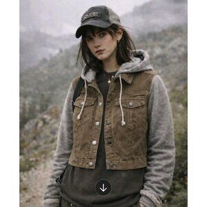 Tinseltown Denim Couture Womens Hooded Jacket Cropped Gorpcore Grunge Utility XL